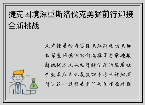捷克困境深重斯洛伐克勇猛前行迎接全新挑战