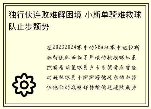 独行侠连败难解困境 小斯单骑难救球队止步颓势