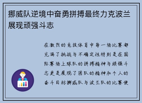 挪威队逆境中奋勇拼搏最终力克波兰展现顽强斗志