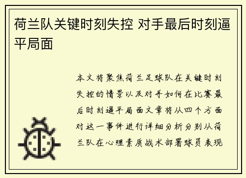 荷兰队关键时刻失控 对手最后时刻逼平局面